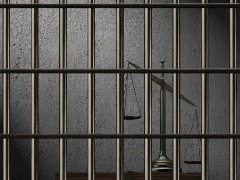 Balanza de la justicia detrás de los barrotes de una celda